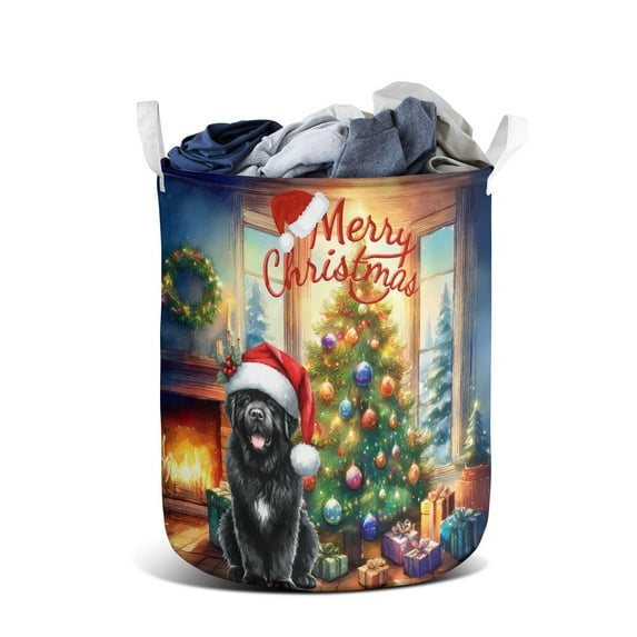 Merry Christmas Newfoundland Santa Hat Xmas Tree Winter Holiday Foldable Laundry Basket Newfie Dog Lover Gifts Organizer Storage with Handles - 01013