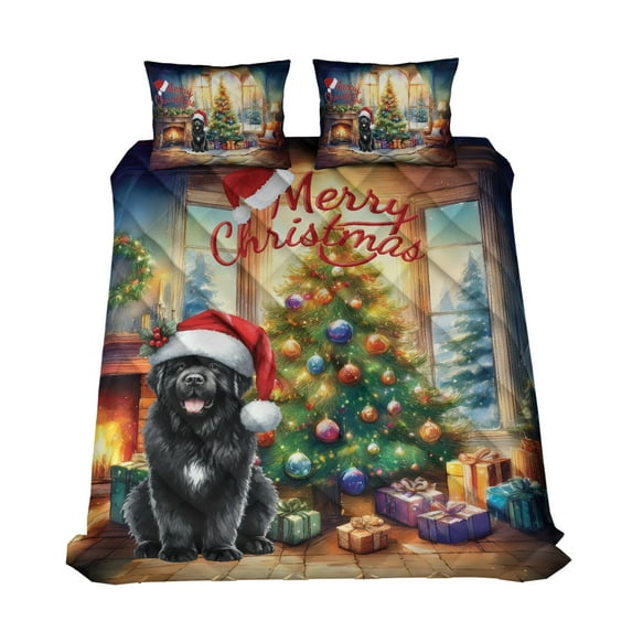 Merry Christmas Newfoundland Santa Hat Xmas Tree Winter Holiday Quilt Bedding Set Newfie Dog Lover Gifts 1 Blanket Bed Cover 2 Pillowcases - 01013