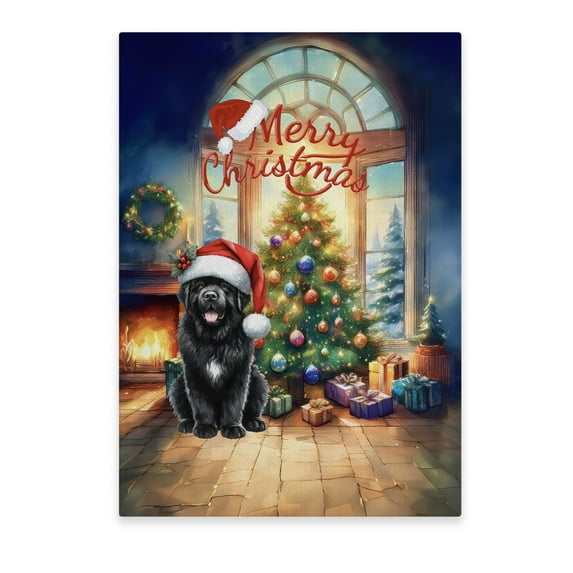 Merry Christmas Newfoundland Santa Hat Xmas Tree Winter Holiday Vertical Matte Canvas Poster Newfie Dog Lover Gifts Wall Art Home Decor - 01013