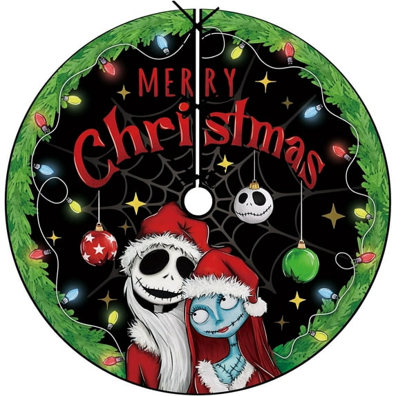 Merry Christmas Night. mare BE Fore. Xmas Tree Skirt 48 Inches Lace-up Jack and Sally Artificial Black Green Tree Skirt, Funny Holiday Party Indoor Decoration Home Decor