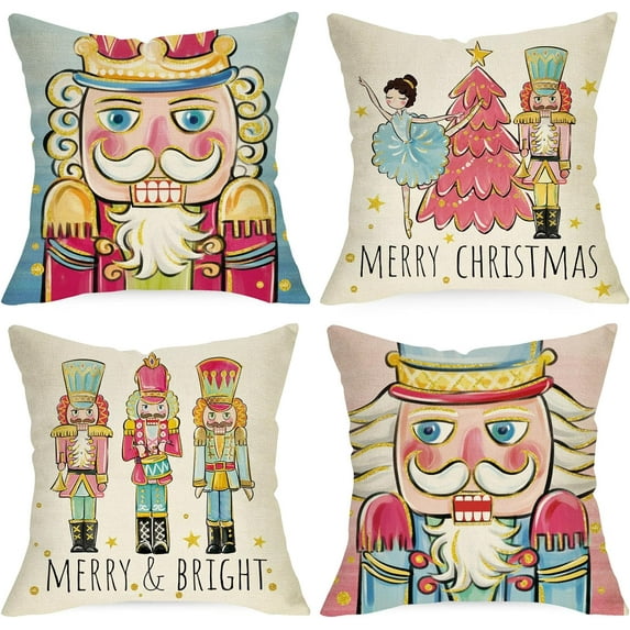 Merry Christmas Nutcracker Decorative Throw Pillow Covers 16x16 Set of 4, Pink Xmas Tree Cartoon Wooden Soldier Toy Cushion Case Decor, Bright Winter Holiday Home Decoration for Sofa Couch