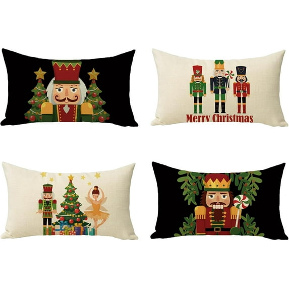 Merry Christmas Nutcracker Lumbar Decorative Throw Pillow Cover 12 x 20 Set of 4, Rectangular Xmas Tree Cartoon Soldier Toy Outdoor Home Decor, Winter Holiday Women Girl Gifts Couch Cushion Case