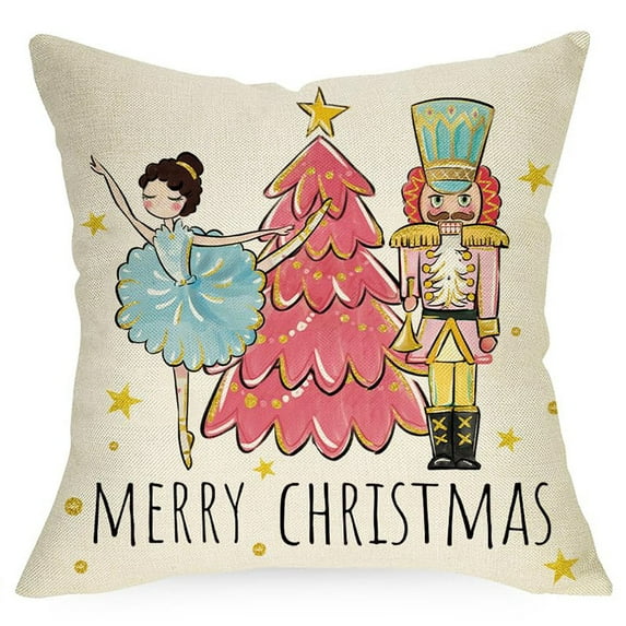 Merry Christmas Nutcracker Pink Throw Pillow Covers, 18 x 18 Inch Winter Holiday Party Cushion Case Decoration for Sofa Couch