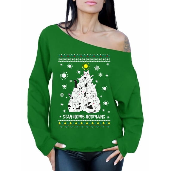 Merry Christmas Off Shoulder Women Sweatshirt Stay Home Sweater Cat Christmas Tree Kitty Oversized Sweater Merry Christmas Top for Women New Year Sweater Stay Home Hoomans Merry Xmas Gifts for Her