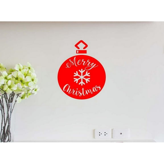 Merry Christmas Ornament RED 11 x 13 Vinyl Door Quote Sticker Decal Stocking Holiday Calligraphy Wall Decal Art Decor Religious Motivational Inspirational Decorative Lettering