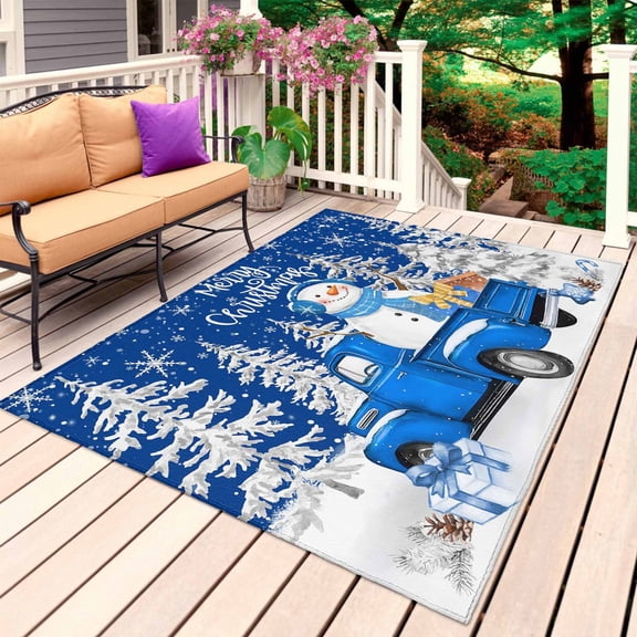 Merry Christmas Outdoor Rug 3x5 Ft, Non Slip Washable Area Rug, Blue Snowman Truck Pine Tree Winter Snow Patio Rugs Carpet Runner, Large Floor Mat for Indoor/Outdoor Deck Porch Camping