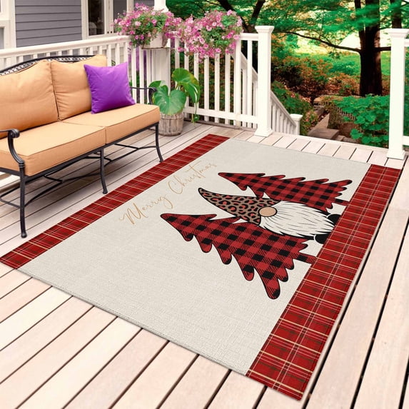 Merry Christmas Outdoor Rug 3x5 Ft, Non Slip Washable Area Rug, Gnomes Red Xmas Tree Buffalo Plaid Vintage Patio Rugs Carpet Runner, Large Floor Mat for Indoor/Outdoor Deck Porch Camping