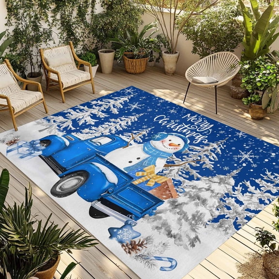 Merry Christmas Outdoor Rug 3x5 Ft - Reversible Patio Rug Outdoor Camping Rugs, Blue Snowman Truck Pine Tree Winter Snow Indoor Outdoor Area Rugs, Non-Slip Outdoor Carpet Runner for Deck/Porch