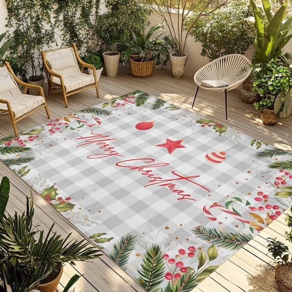 Merry Christmas Outdoor Rug for Patio/Deck/Porch, Non-Slip Large Area Rug 5 x 8 Ft, Xmas Pine Branch Red Star Balls Grey Plaid Indoor Outdoor Rugs Washable Area Rugs, Camping Rug Carpet Runner