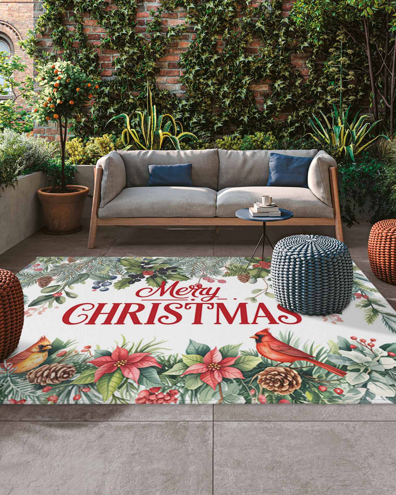 Merry Christmas Outdoor Rug, Watercolor Pine Needles Holly Poinsettia ...