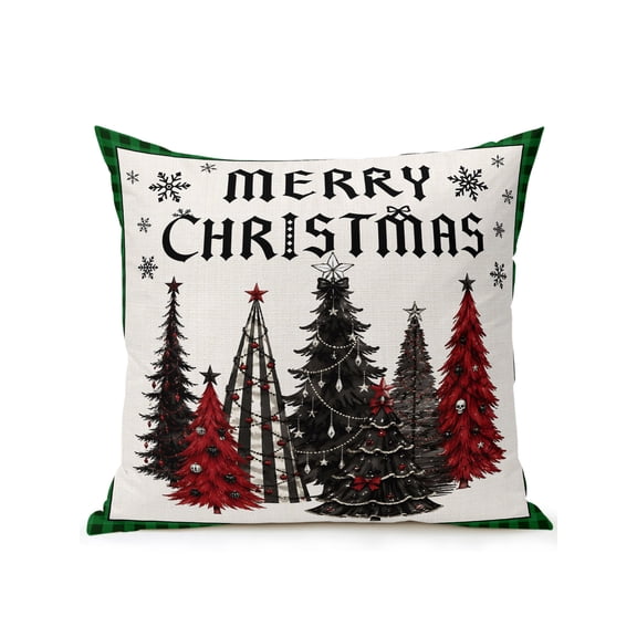 Merry Christmas Outdoor Throw Pillow with Insert, 16"x16" Winter Black Red Christmas Pine Tree Green Border Waterproof Decorative Square Patio Pillows for Outside Furniture, Sofa, Porch, Garden