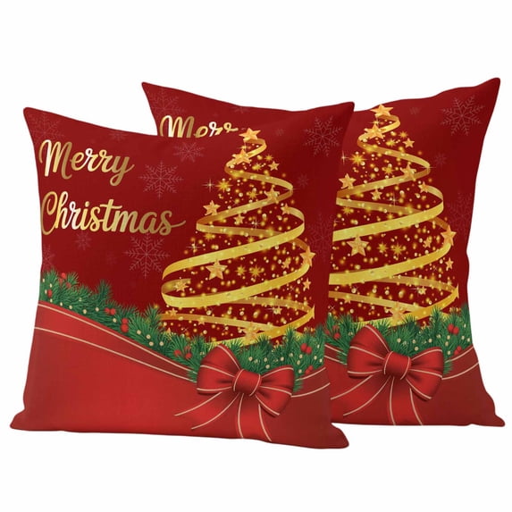 Merry Christmas Outdoor Waterproof Pillow Covers, Xmas Pine Tree Branch Red Bow New Year Decorative Square Throw Pillowcase Sofa Cushion Sham for Patio/Couch/Chair, 18"x18" 2 Pack