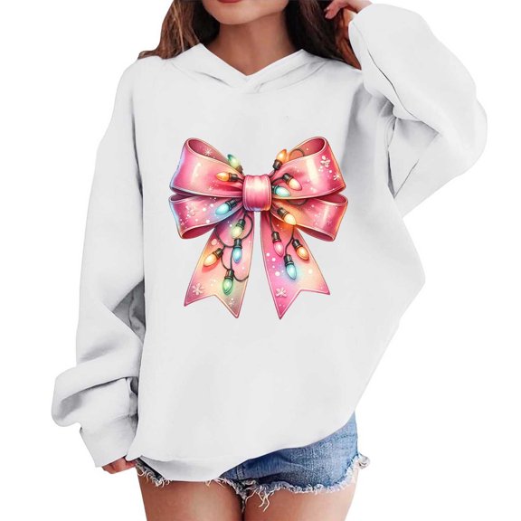 Merry Christmas Outfits Girls Boys Hoodies Graphic Printed Funny Loose Sweatshirt Hooded Long Sleeve Pullover Tops (13 Years, White|Bowknot)