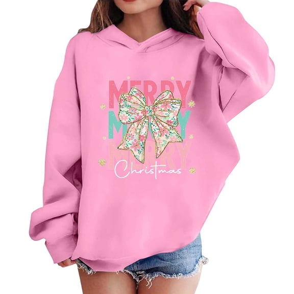 Merry Christmas Outfits Girls Boys Hoodies Graphic Printed Funny Loose Sweatshirt Hooded Long Sleeve Pullover Tops (4 Years, Pink 03)