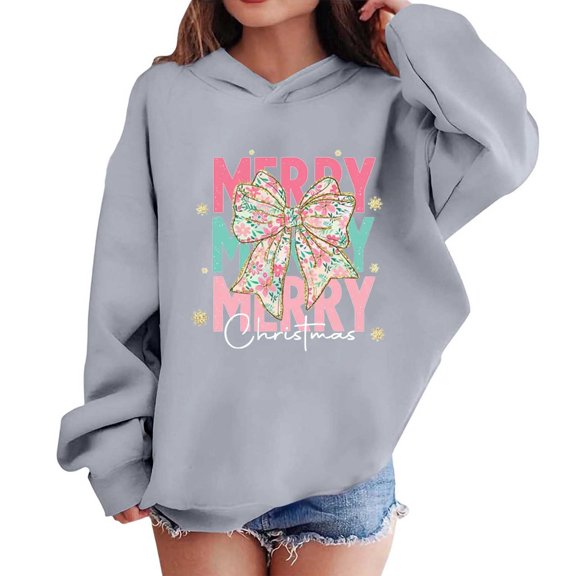 Merry Christmas Outfits Girls Boys Hoodies Graphic Printed Funny Loose Sweatshirt Hooded Long Sleeve Pullover Tops (5 Years, Gray 03)