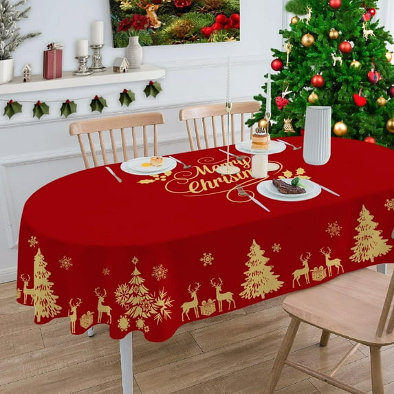 Merry Christmas Oval Tablecloth 60×102 inch Christmas Table Cloth Golden Deer Christmas Tree Table Covers Red Christmas Decoration for Christmas Party Dining Room Home Kitchen Picnic