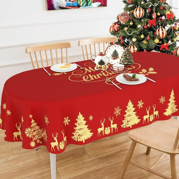 Merry Christmas Oval Tablecloth 60×84 inch Christmas Table Cloth Golden Deer Christmas Tree Table Covers Red Christmas Decoration for Christmas Party Dining Room Home Kitchen Picnic