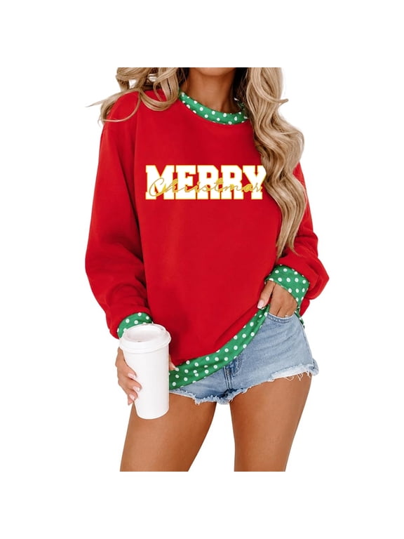 Merry Christmas Oversized Sweatshirts for Women Polka Dot Print Crewneck Sweatshirt Holiday Long Sleeve Fall Pullover Tops, Casual, Loose Fit, Retro, Christmas Letter Print, Soft, Xmas Clothes,Red L