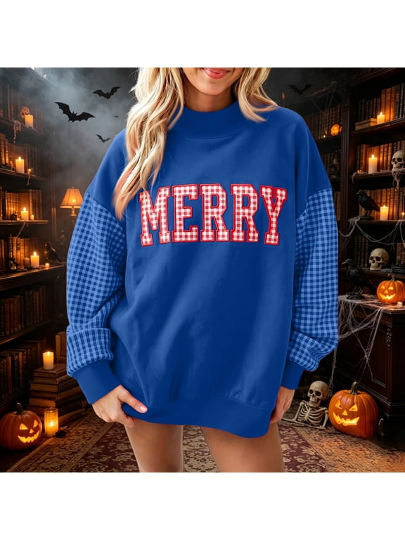 Merry Christmas Oversized Sweatshirts for Womens Oversized Plaid Mock Neck Pullover Tops Fall Y2K Color Block Plaid Long Sleeve Christmas Sweatshirts Dark Blue,L