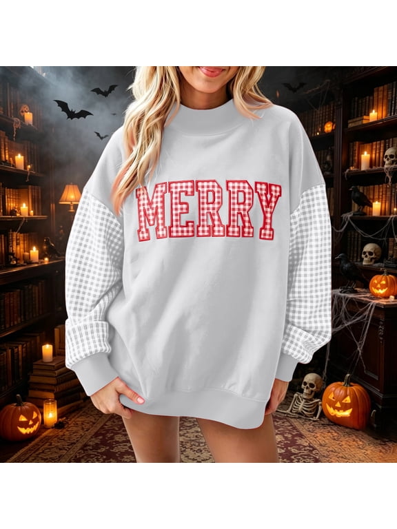 Merry Christmas Oversized Sweatshirts for Womens Oversized Plaid Mock Neck Pullover Tops Fall Y2K Color Block Plaid Long Sleeve Christmas Sweatshirts Light Gray,M