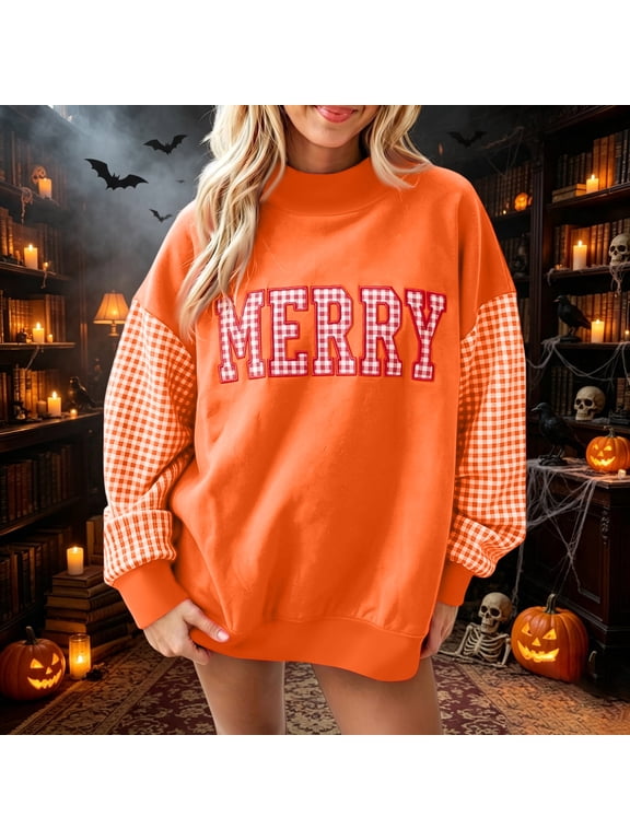 Merry Christmas Oversized Sweatshirts for Womens Oversized Plaid Mock Neck Pullover Tops Fall Y2K Color Block Plaid Long Sleeve Christmas Sweatshirts Orange,XL