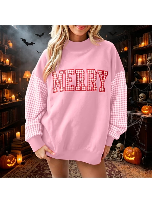 Merry Christmas Oversized Sweatshirts for Womens Oversized Plaid Mock Neck Pullover Tops Fall Y2K Color Block Plaid Long Sleeve Christmas Sweatshirts Pink,M