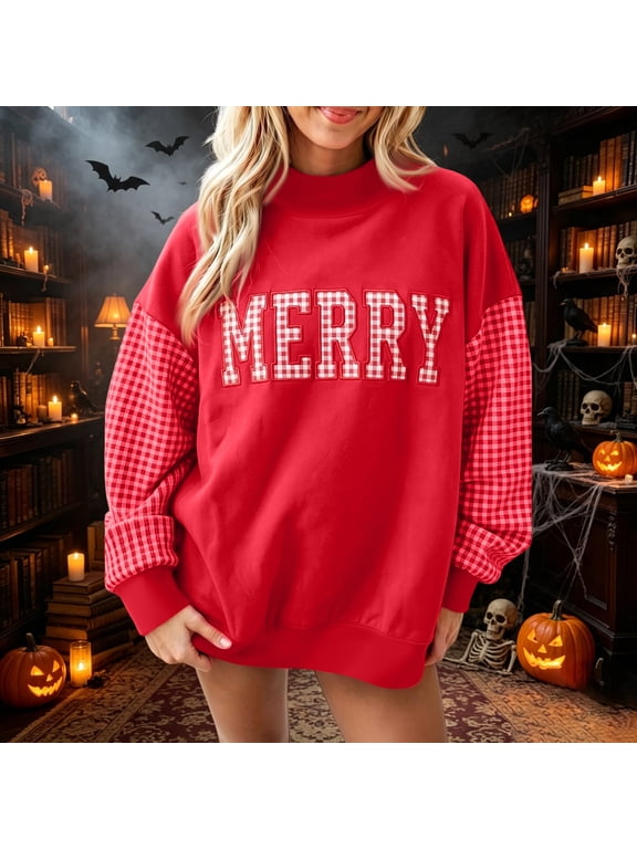 Merry Christmas Oversized Sweatshirts for Womens Oversized Plaid Mock Neck Pullover Tops Fall Y2K Color Block Plaid Long Sleeve Christmas Sweatshirts Red,M