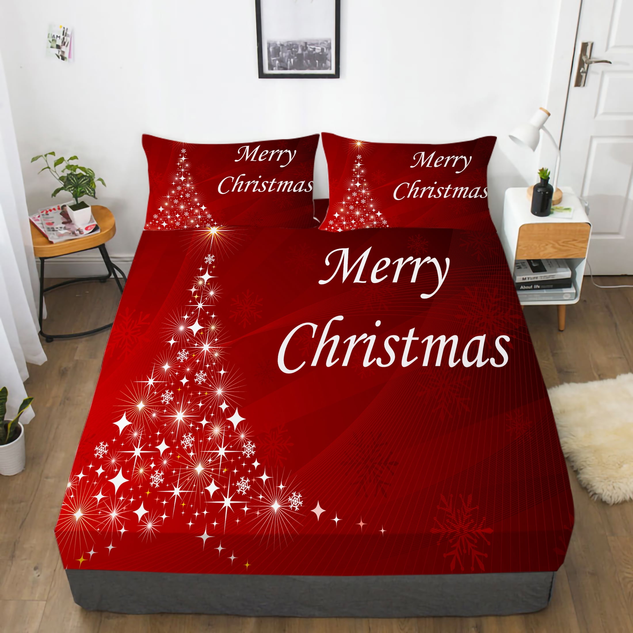 Merry Christmas Painting Bedding Sheets Hot Sale Fitted Sheets With Pillowcase,Twin (39"x75