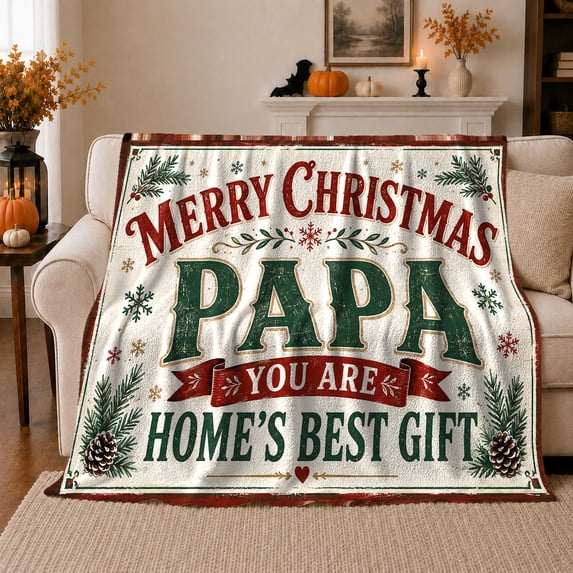 Merry Christmas Papa Home'S Thoughtful, Festive Holiday Scene, Warm Flannel Blanket for Living Room and Reading Nook, Art Lovers Father's Day Gift, Artistic Home Decor