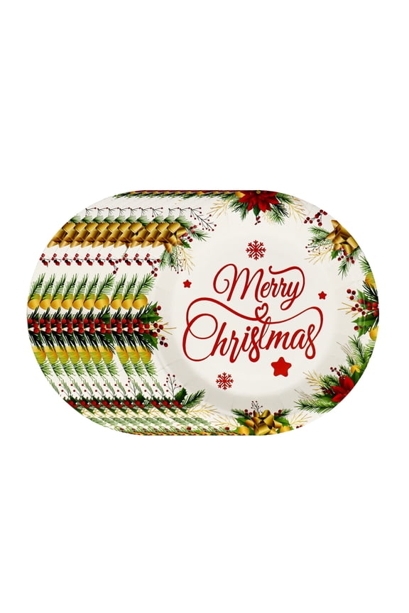 Merry Christmas Paper Plates, 7" Winter Theme Dessert Plate, Disposable Ball Bell Gloves Poinsettia Gift, Plates Paper, Cake Salad Fruit Cartoon Tableware-Holiday Serving Supply BBQ Picnic Green