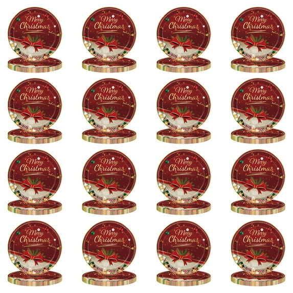 Merry Christmas Paper Plates, 7 inch Red, Surprise Gift Garland, Vintage Fashioned, Lunch Dinner Plates, Dessert, Bread Fruits, Disposable Dinnerware Party Supplies, BBQ Picnic Favor