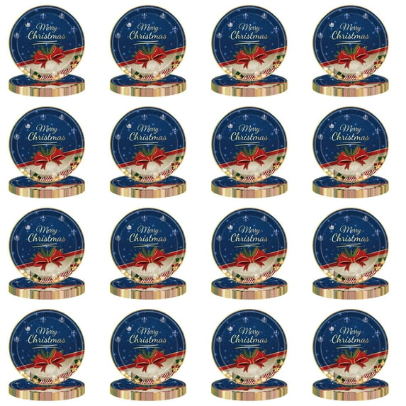 Merry Christmas Paper Plates, 9 inch Blue, Surprise Gift Garland, Vintage Fashioned, Lunch Dinner Plates, Dessert, Bread Fruits, Disposable Dinnerware Party Supplies, BBQ Picnic Favor