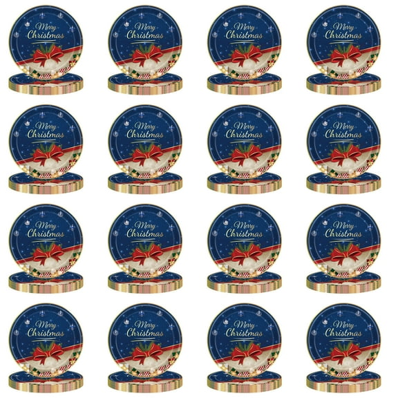 Merry Christmas Paper Plates, 9 inch Blue, Surprise Gift Garland, Vintage Fashioned, Lunch Dinner Plates, Dessert, Bread Fruits, Disposable Dinnerware Party Supplies, BBQ Picnic Favor