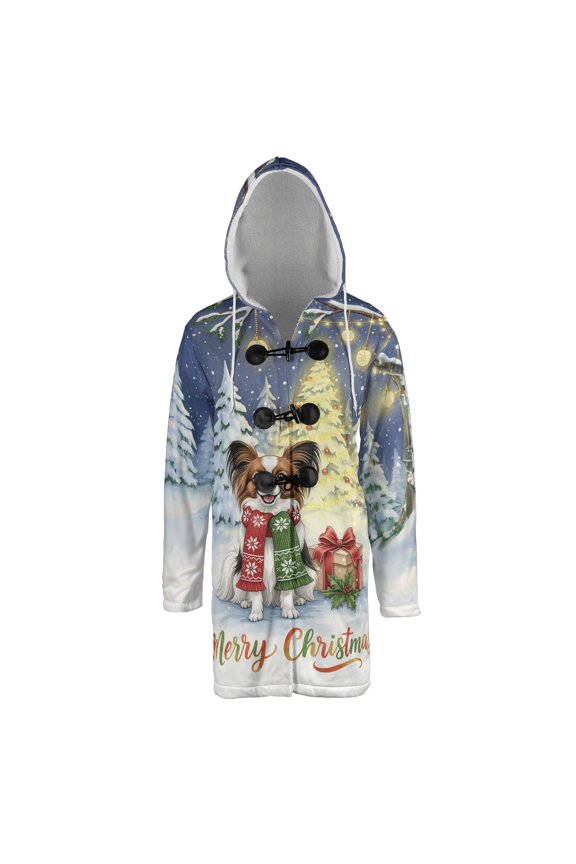 Merry Christmas Papillon Snowy Winter with Gifts Tree Decorations All Over Print 3D Hooded Duffle Toggle Coat Pap Butterfly Dog Lover - 12020