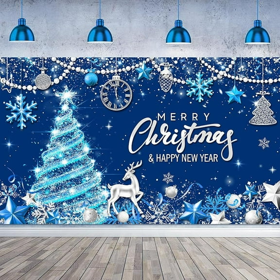 Merry Christmas Party Backdrop - Black Gold Banner Background for Xmas Tree and New Year's Eve Photography - Party Decoration Supplies 72.8 x 43.3 Inches