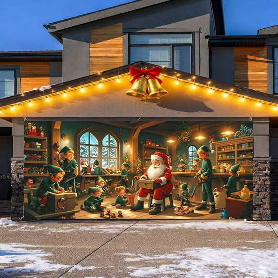 Merry Christmas Party Background Decoration for Garage Door Photography - Festive Santa Design 7 x 16 Feet for Holiday Celebrations
