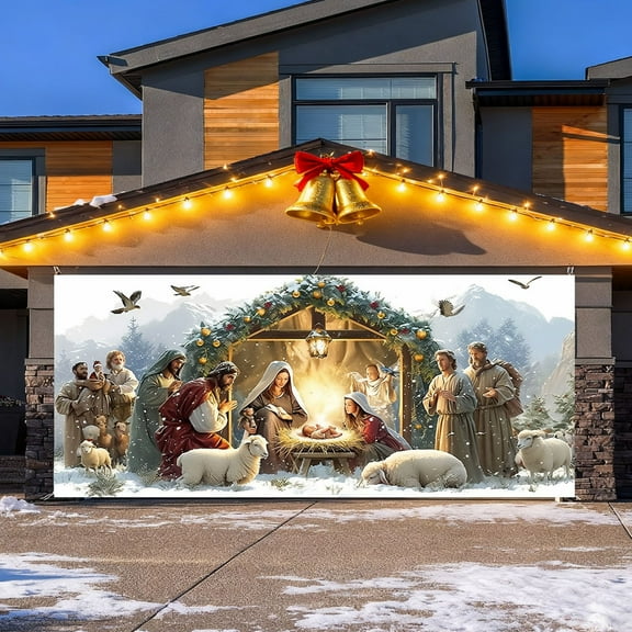 Merry Christmas Party Background Santa Photography Garage Door Decoration 7x16 Ft for Holiday Celebrations and Festive Gatherings