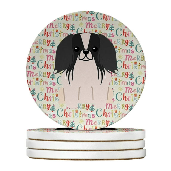 Merry Christmas Pekingese Black White Large Sandstone Coasters Pack of 4 4 in x 4 in