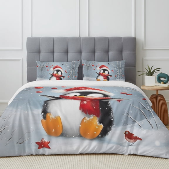 Merry Christmas Penguin Red Hat Bed Sheet Sets Soft Microfiber Comforter Cover with Flat Sheet 2 Pillow Shams