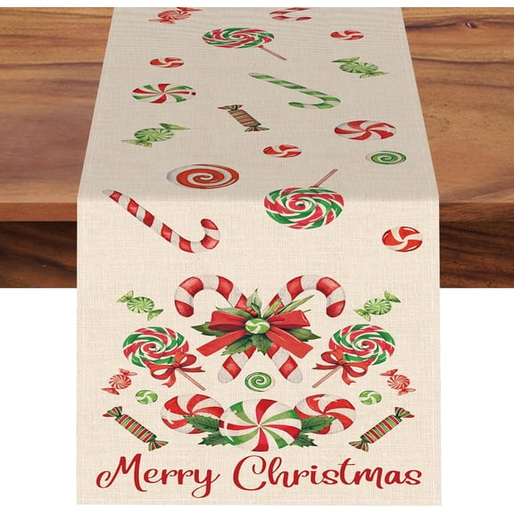 Merry Christmas Peppermint Candy Dining Table Runner, Xmas Candy Cane Lollipop Burlap Kitchen Decoration, Winter Holiday Indoor Outdoor Home Decor Party Supply 13.8 x 71 Inches