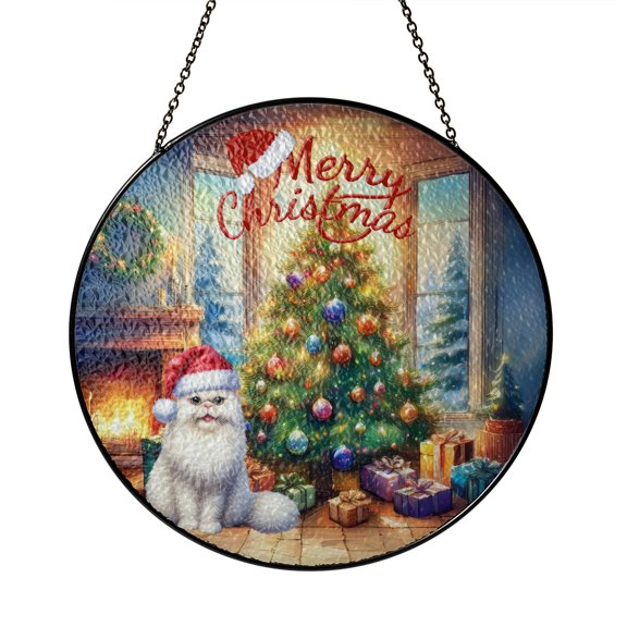 Merry Christmas Persian Santa Hat Xmas Tree Winter Holiday Stained Glass Suncatcher Cat Lover Kitten Owner Gifts Window Hanging Sign Decor - 01013