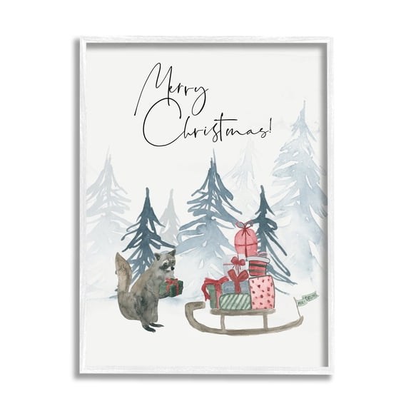 Merry Christmas Phrase Adorable Racoon Forest Present Sleigh 16 in x 20 in Framed Painting Art Prints, by Stupell Home Décor