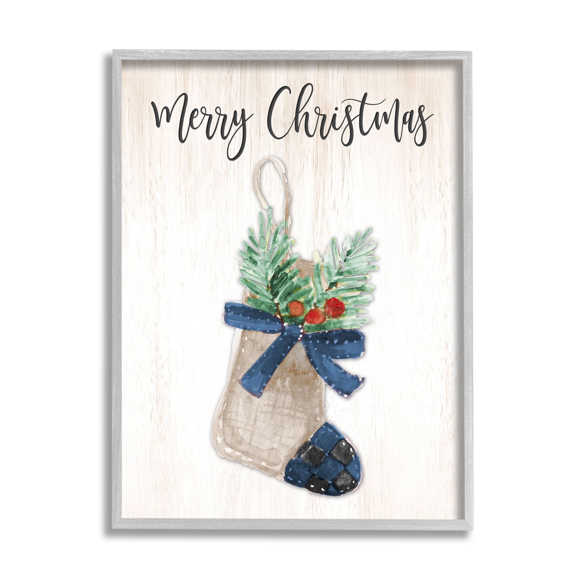 Merry Christmas Phrase Rtic Blue Plaid Holiday Stocking 11 in x 14 in Framed Painting Art Prints, by Stupell Home Décor