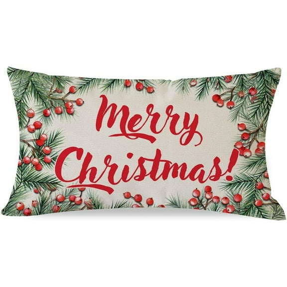 Merry Christmas Pillow Cover 12x20 Inch Red Berry Greenery Pine Leaves Outdoor Christmas Decorations Xmas Winter Holiday Lumbar Decorative Throw Pillow Case for Home Couch Living Room Decor