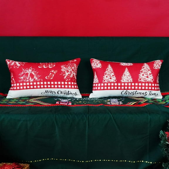 Merry Christmas Pillow Covers 12x20 Set of 2 Christmas Trees Bells Socks Decorations Farmhouse Red White Christmas Time Plaid Cushion Case for Sofa Couch Home