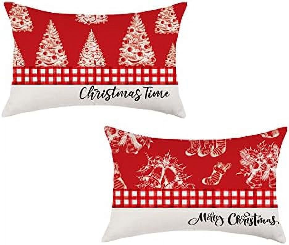 Merry Christmas Pillow Covers 12x20 Set of 2 Christmas Trees Bells Socks Decor Lumbar Throw