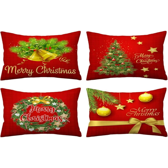 Merry Christmas Pillow Covers 12x20 Set of 4 Velvet Christmas Pillow Cases Red Green Xmas Winter Holiday Throw Pillow Covers Christmas Tree Cushion Covers for Outdoor Home Bed Sofa Couch(lumbar)