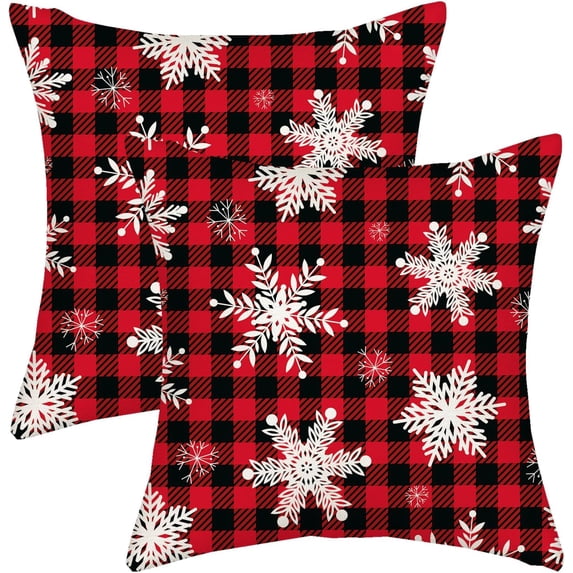 Merry Christmas Pillow Covers 16x16 Red Black Buffalo Plaid Decor Throw Pillows Case for Couch White Winter Snowflake Decorative Cushion Cases for Sofa Bed Decorations Set of 2