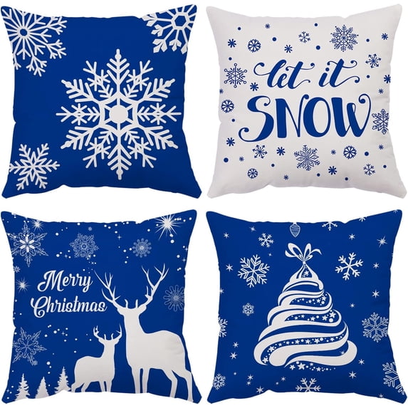 Merry Christmas Pillow Covers 16x16 Set of 4 Velvet Christmas Pillow Cases Blue Xmas Holiday Throw Pillow Covers Soft Christmas Tree Cushion Covers for Outdoor Home Bed Sofa Couch(16 Inch)