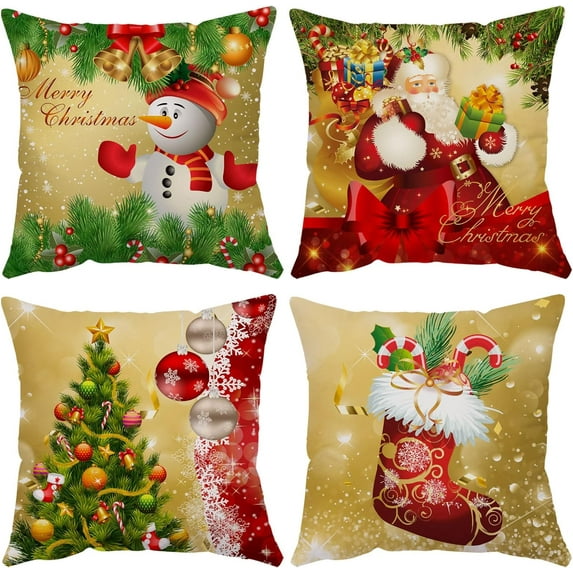 Merry Christmas Pillow Covers 16x16 Set of 4 Velvet Christmas Pillow Cases Red Green Xmas Holiday Throw Pillow Covers Soft Christmas Tree Cushion Covers for Outdoor Home Bed Sofa Couch(16 Inch)